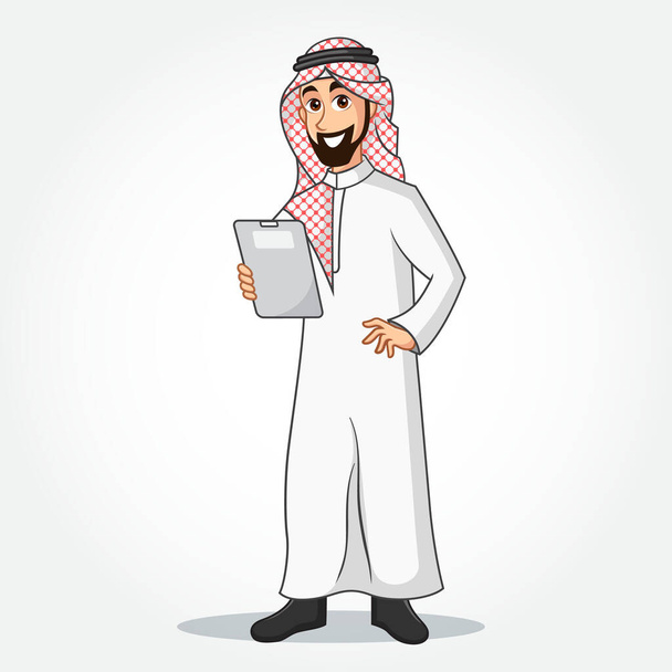 Arabský podnikatel karikatura Postava v tradičním oblečení drží schránku izolovanou na bílém pozadí - Vektor, obrázek