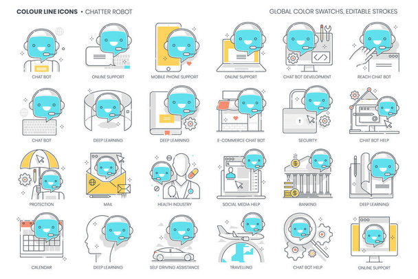 Chatter robot relacionados, línea de color, icono de vector, conjunto de ilustración. El conjunto se trata de mensajero, asistente virtual, cyborg, ordenador, bot de chat, soporte, interfaz artificial, call center. - Vector, imagen