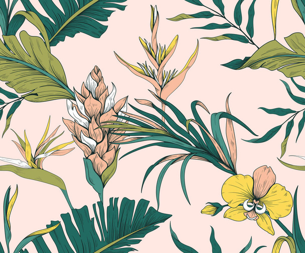 Seamless pattern with trendy exotic flowers and leaves - Vektör, Görsel