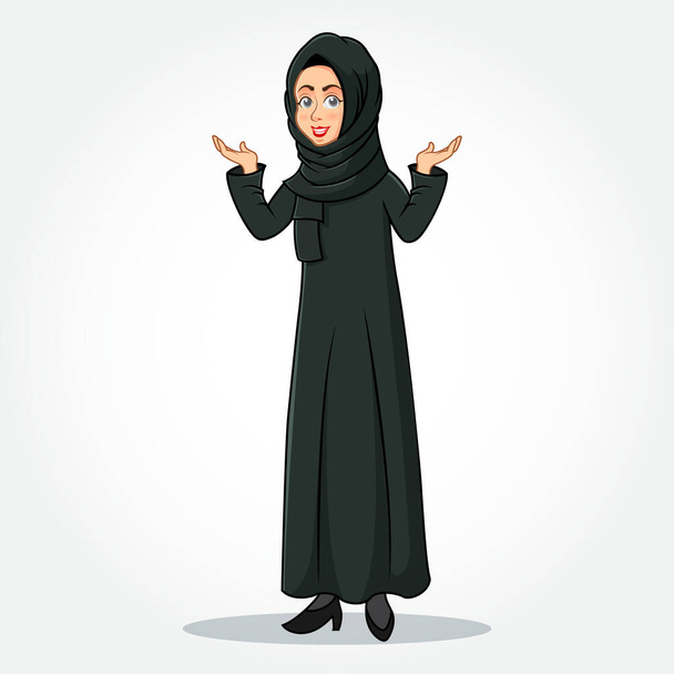 Arabe Businesswoman personnage de dessin animé dans les vêtements traditionnels écartant ses mains sur les côtés montrant ou présentant quelque chose. isolé sur fond blanc - Vecteur, image
