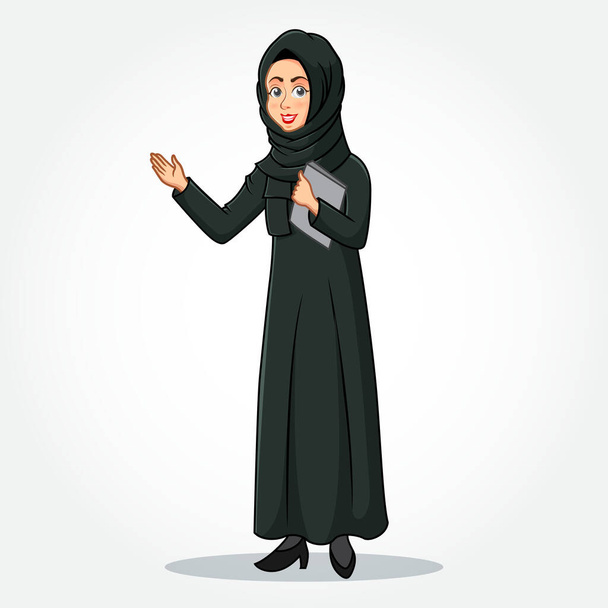 Arabic Businesswoman καρτούν Χαρακτήρας με παραδοσιακά ρούχα Κρατώντας ένα πρόχειρο με Welcoming Hands απομονώνονται σε λευκό φόντο - Διάνυσμα, εικόνα