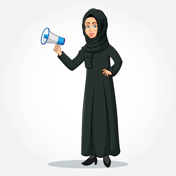 Arabe Businesswoman personnage de dessin animé dans les vêtements traditionnels tenant un mégaphone isolé sur fond blanc - Vecteur, image