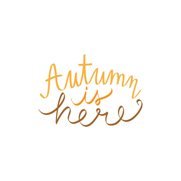 El otoño es aquí la escritura de ilustración vectorial. Cita manuscrita de otoño en colores naranja y marrón. Aislado. - Vector, Imagen