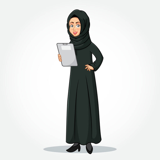 Arap iş kadını çizgi film karakteri geleneksel giysiler içinde beyaz arka planda izole edilmiş bir pano tutuyor - Vektör, Görsel