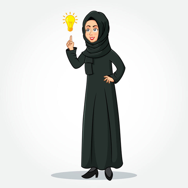Арабська жінка-бізнесмен мультфільм Характер в традиційному одязі вказує на яскраву лампочку ідеї як символ ідеї. ізольований на білому тлі - Вектор, зображення