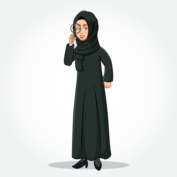 Arabian Businesswoman γελοιογραφία Χαρακτήρας σε παραδοσιακά ρούχα κρατώντας ένα μεγεθυντικό φακό απομονώνονται σε λευκό backgroun - Διάνυσμα, εικόνα