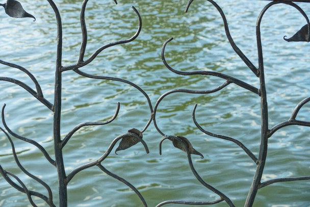 brązowy wzór kutego żelaza w dekoracyjnym ogrodzeniu na tle zielonych fal i wody zbiornika - Zdjęcie, obraz