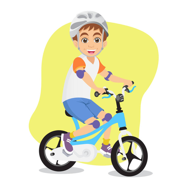 Aranyos rajzfilm kisfiú lovaglás kerékpár elszigetelt fehér backgroun - Vektor, kép