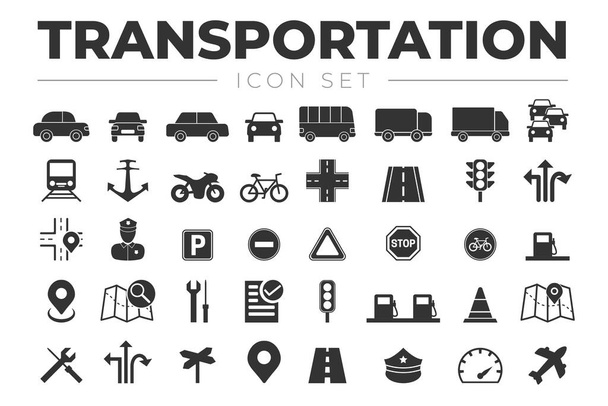 Transport Icon Set mit Fahrzeugen, Ampeln, Auto, LKW, Straße, Motorrad, Fahrrad, Zug, Flugzeug, Schilder, Tankstelle, Polizist, Marine, Bus, Karte, Symbole - Vektor, Bild