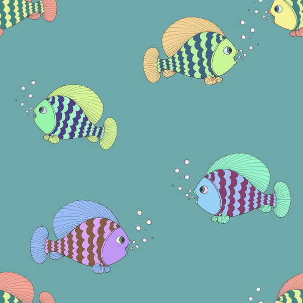 Padrão sem costura "Peixes multicoloridos". Bright cartoon fish on a turquoise background
. - Foto, Imagem