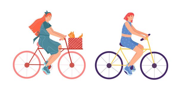 Un set di giovani donne in sella alle bici. Stile cartone animato. Illustrazione vettoriale isolata su sfondo bianco. - Vettoriali, immagini