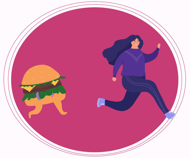 Una donna sta scappando da un hamburger. Sbarazzarsi dell'obesità. Una donna vuole perdere peso. Illustrazione vettoriale. - Vettoriali, immagini