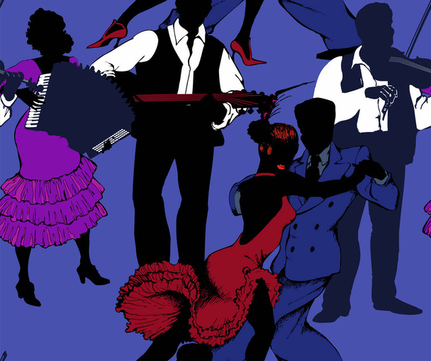 Naadloos patroon. Een paar dansende tango 's en muzikanten. Gangster stijl 1930. - Vector, afbeelding
