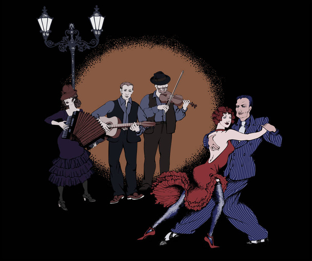 Een paar dansende tango 's en muzikanten. Gangster stijl 1930. - Vector, afbeelding