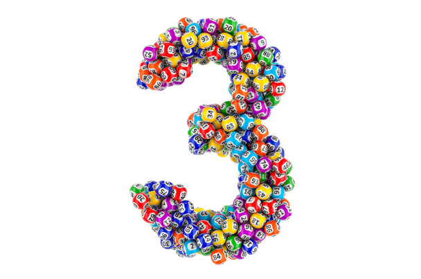 Číslo 3, z barevných loterijních míčků, 3D vykreslování izolované na bílém pozadí - Fotografie, Obrázek