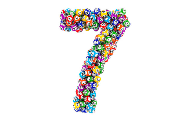 Número 7, de bolas de lotería de colores, representación 3D aislada sobre fondo blanco - Foto, imagen