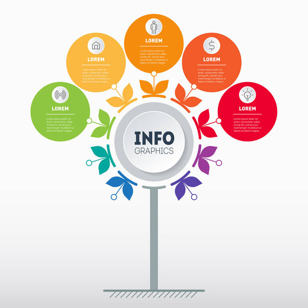 Business presentation or infographics concept with 5 options and icons. Chart in the shape of a flower. Info graphic of technology or education process with five steps - Διάνυσμα, εικόνα