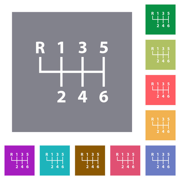 Sechs-Gang-Schaltgetriebe flache Symbole auf einfachen quadratischen Farbhintergründen - Vektor, Bild