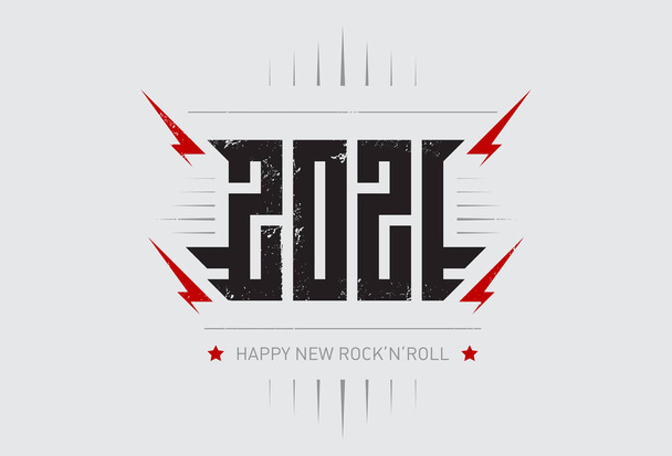 Happy New Rock n roll 2021 - music poster with stylized inscription, red lightnings and star. Cool print for t-shirt apparels with inscription. 2021 - t-shirt design for new year party - Vetor, Imagem