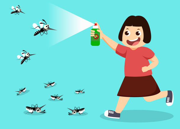 Дівчинка б'ється з комарами за допомогою спрею. захист концепції лихоманки денге. Векторні ілюстрації
. - Вектор, зображення