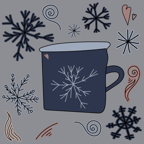 Симпатичная кружка-дудл со снежинкой и сердцем, элементы-дудл в голубых и розовых тонах, векторная иллюстрация для дизайна и творчества - Вектор,изображение
