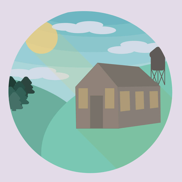 Χαριτωμένο κινούμενο σχέδιο φαντασία καλοκαίρι ηλιόλουστη μέρα με καμπύλες στρογγυλεμένες λόφους και beatuful αγροτικό μικρό σπίτι, δέντρα, θάμνους διάνυσμα ισοπεδωμένη εικόνα. - Διάνυσμα, εικόνα