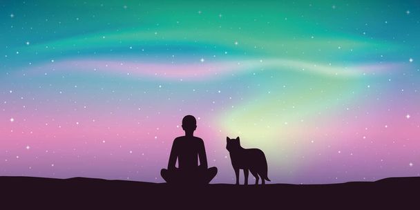 homme et son chien profiter de la belle aurore boréale dans le ciel étoilé - Vecteur, image