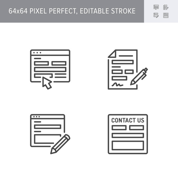 Skontaktuj się z nami ikony linii. Ilustracja wektorowa zawierała ikonę jako formularz rejestracyjny, zarys piktogramu strony z pustym pudełkiem i ołówkiem. 64x64 Pixel Doskonały Edytowalny Stroke - Wektor, obraz