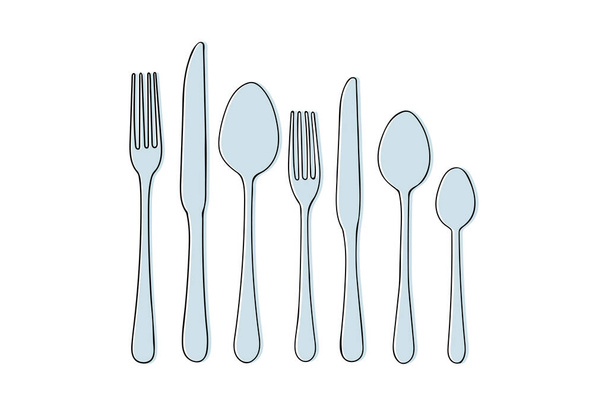 set of Cutlery knife, fork, spoon vector doodle icons. Isolated on white background. Design for menu restaurant and cafe. Kitchen cutlery. - Vector, Image