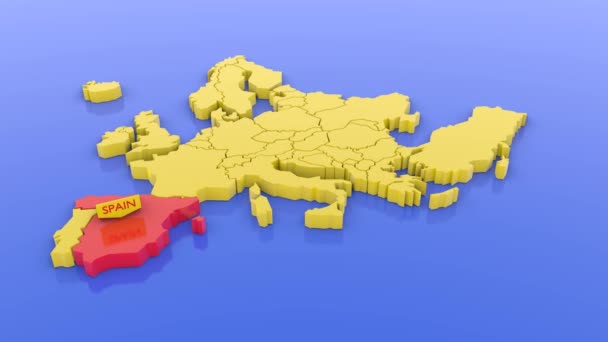 Una mappa 3D dell'Europa in giallo, focalizzata sulla Spagna in rosso con un adesivo. Illustrazione resa 3D. - Filmati, video