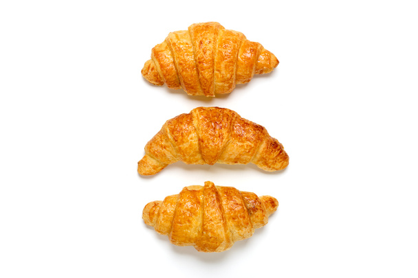 Fresh french croissants with chocolate isolated on white background Continental morning breakfast Top view Flat lay. - Photo, Image
