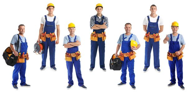 Collage with photos of electricians on white background, banner design  - Foto, imagen
