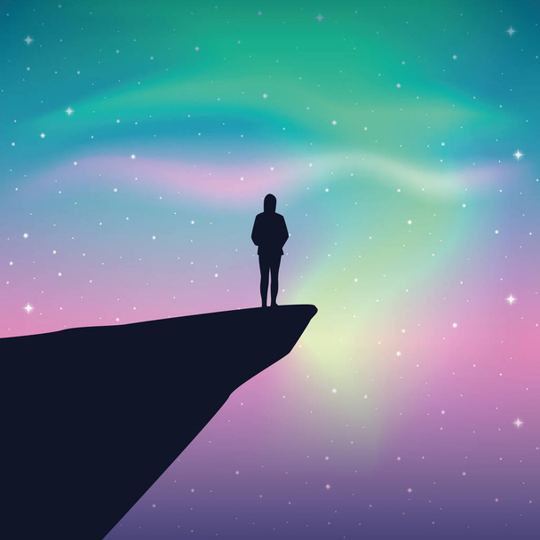 κορίτσι σε ένα γκρεμό κοιτάζει στον πολύχρωμο έναστρο ουρανό με aurora borealis - Διάνυσμα, εικόνα