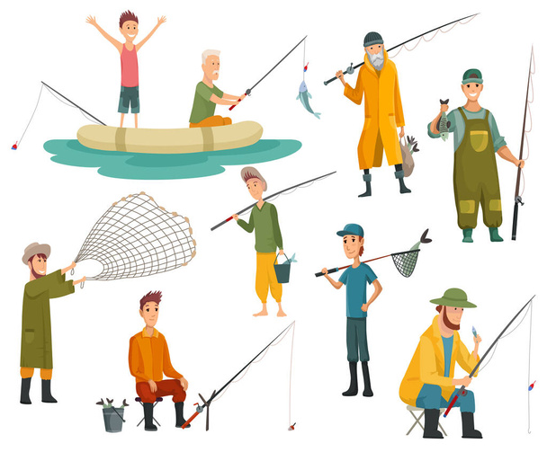 Set di pescatori pesca con canna da pesca. Attrezzature da pesca, tempo libero e hobby pescare pesce. Pescatore con pesce o in barca, con rete o canna da pesca. Illustrazione vettoriale - Vettoriali, immagini
