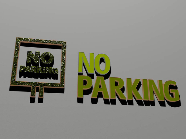 NO PARKING icono y texto en la pared. Ilustración 3D. coche y ciudad - Foto, imagen