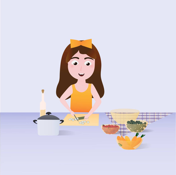 かわいい女の子は、食品、テーブルの上の野菜、健康的な食材、女の子は夕食や昼食を作るしようとすると、練習と学習の概念は、キッチン機器の準備 - ベクター画像