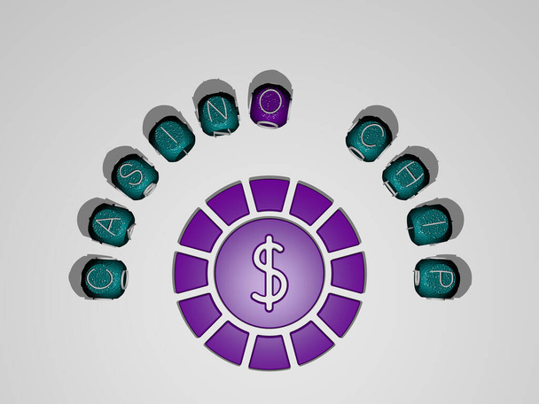 casino chip icono rodeado por el texto de las letras individuales. Ilustración 3D. fondo y tarjeta - Foto, imagen