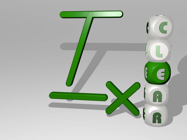 CLEAR 3D icoon naast de verticale tekst van individuele letters. 3D illustratie. achtergrond en blauw - Foto, afbeelding