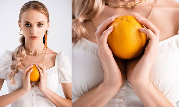 collage of elegant blonde woman posing with orange isolated on white - Photo, Image