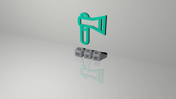 Zeminde küp zar harflerinin olduğu AXE metni ve duvarda da 3D simgesi var. Üç boyutlu illüstrasyon. arkaplan ve ayarla - Fotoğraf, Görsel