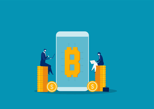δύο laptop επιχειρηματικής αναζήτησης για online χρηματοδότηση και πραγματοποίηση επενδύσεων για bitcoin και blockchain. - Διάνυσμα, εικόνα