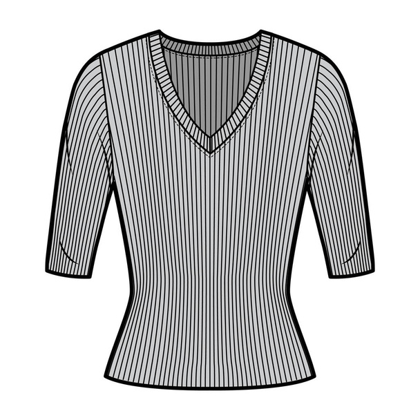 Camisola de malha com nervuras em V neck ilustração de moda técnica com mangas de cotovelo, forma de ajuste próximo
.  - Vetor, Imagem