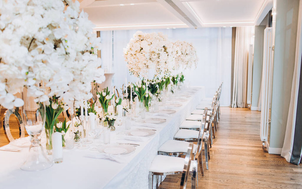 εσωτερικό με όμορφο τραπέζι γάμου με λευκά λουλούδια - Φωτογραφία, εικόνα