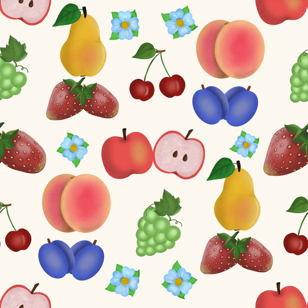 seamless pattern with fruits and berries flowers on a white background - Фото, изображение