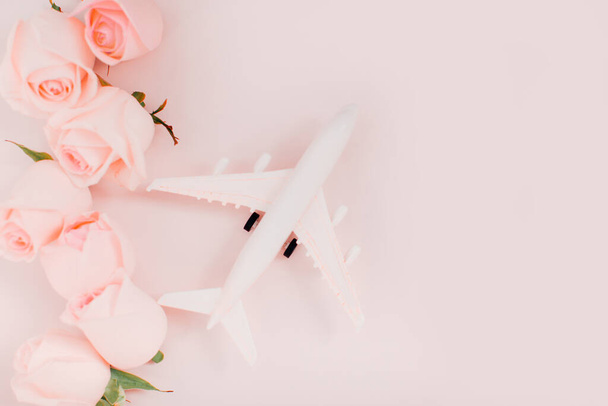 avion avec des fleurs roses sur fond rose - Photo, image