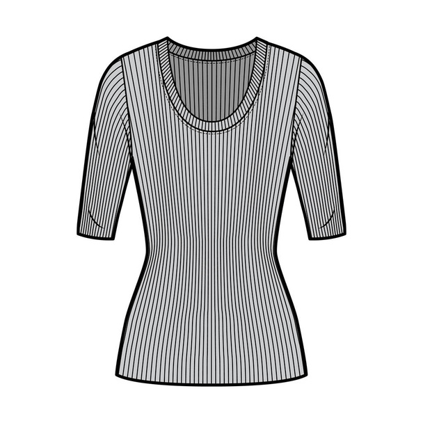 Žebrovaný výstřih pletený svetr technická módní ilustrace s lokty rukávy, těsně padnoucí tvar, délka tuniky.  - Vektor, obrázek