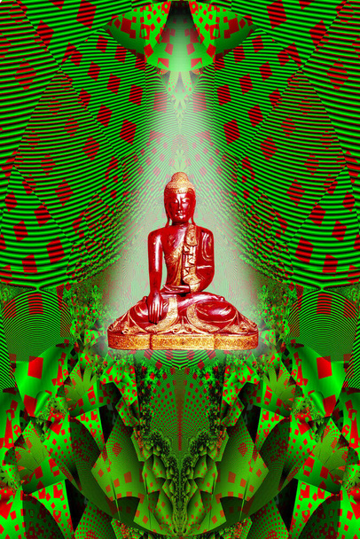 Красная статуя Будды на фантастическом фоне - Фото, изображение