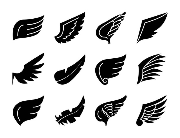 set di icone in piuma e ali, stile silhouette - Vettoriali, immagini