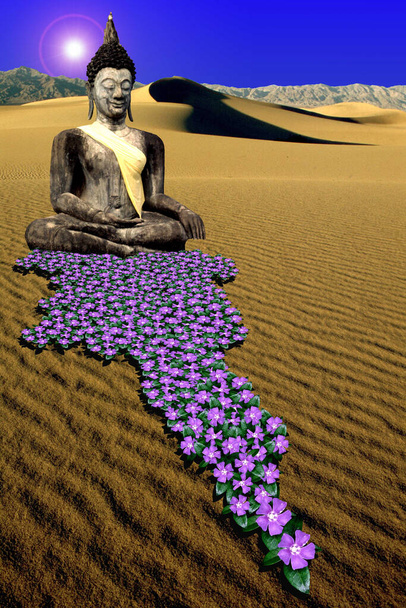 une statua de Bouddha dans un contexte mistyka. Syn ombre fait pousser des fleurs dans le dsert - Zdjęcie, obraz