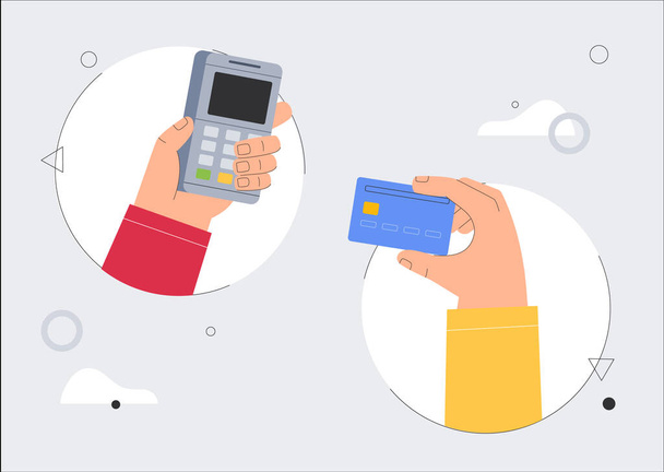 Kahdella kädellä on maksupääte ja luottokortti. Käsite rahaton, online maksaa web-sivun, aloitussivu, sovellus, tai mainonta. Tasainen tyyli vektori kuva. - Vektori, kuva